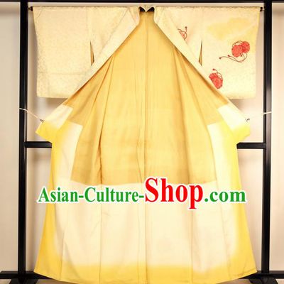 Japan Ancient Yellow Silk Furisode Kimonos Traditional Palace Yukata Dress Formal Costume for Women