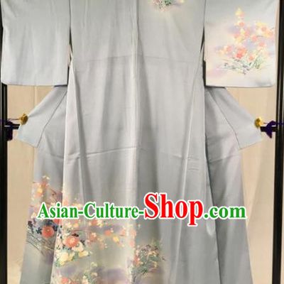 Japan Ancient Grey Furisode Kimonos Traditional Palace Yukata Dress Formal Costume for Women