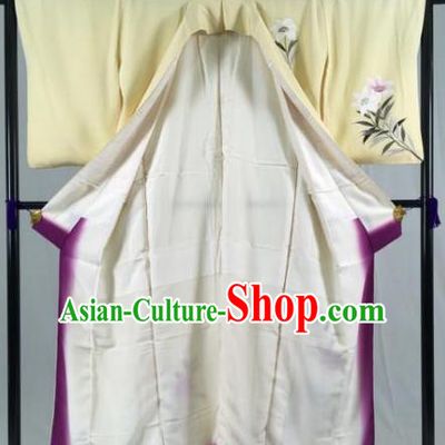 Japan Ancient Geisha Yellow Furisode Kimonos Traditional Palace Yukata Dress Formal Costume for Women