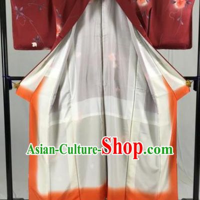 Japan Ancient Geisha Formal Costume Wine Red Furisode Kimonos Traditional Palace Yukata Dress for Women