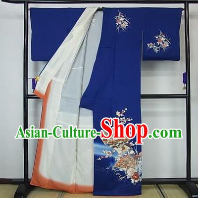 Asian Japan Palace Royalblue Furisode Kimono Ancient Yukata Dress Formal Costume for Women