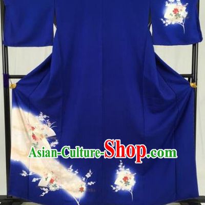 Asian Japan Palace Printing Royalblue Furisode Kimono Ancient Yukata Dress Formal Costume for Women