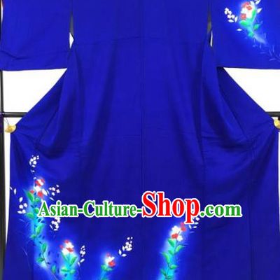 Asian Japan Palace Printing Flowers Blue Furisode Kimono Ancient Yukata Dress Formal Costume for Women