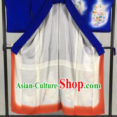 Japan Traditional Kimono Blue Furisode Kimono Ancient Yukata Dress Formal Costume for Women