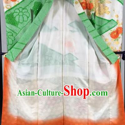 Japan Traditional Kimono Green Furisode Kimono Ancient Yukata Dress Formal Costume for Women