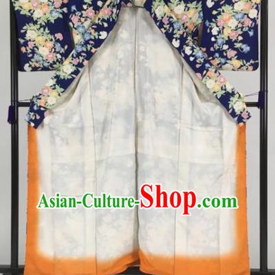 Japan Traditional Kimono Printing Blue Furisode Kimono Ancient Yukata Dress Formal Costume for Women