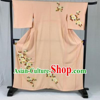 Japan Traditional Formal Costume Printing Flowers Pink Furisode Kimonos Ancient Palace Yukata Dress for Women