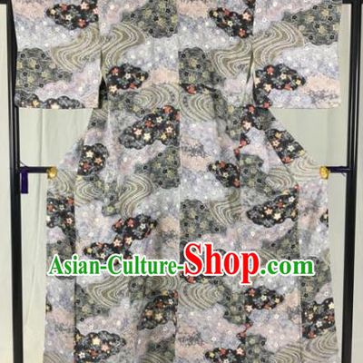 Japan Traditional Formal Costume Grey Furisode Kimonos Ancient Palace Yukata Dress for Women