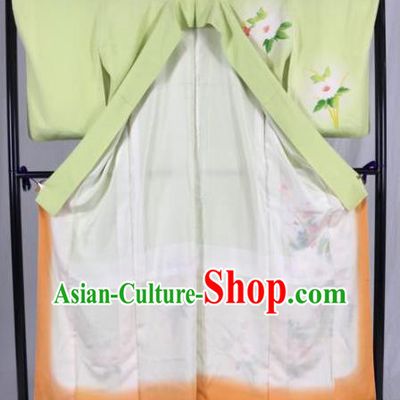 Japan Traditional Palace Formal Costume Green Furisode Kimonos Ancient Yukata Dress for Women