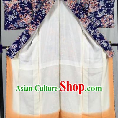 Japan Traditional Palace Kimono Formal Costume Navy Furisode Kimonos Ancient Yukata Dress for Women