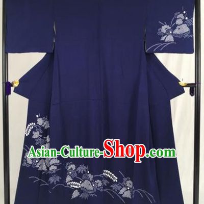 Japanese Traditional Navy Kimono Ancient Samurai Yukata Robe Wafuku Hakama Haori Clothing for Men