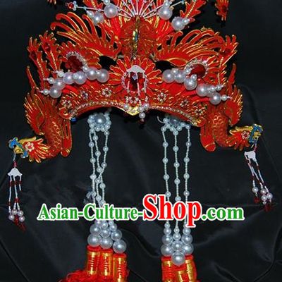 China Traditional Beijing Opera Actress Hair Accessories Chinese Peking Opera Huadan Red Phoenix Coronet for Women