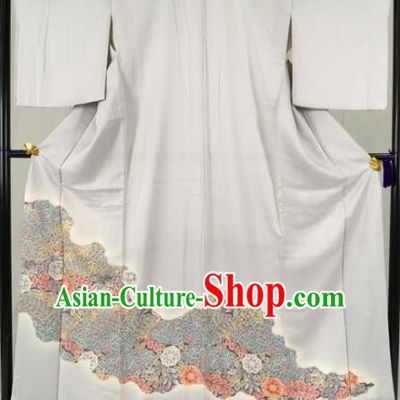 Asian Japan Palace Printing White Kimono Formal Costume Furisode Kimonos Ancient Yukata Dress for Women