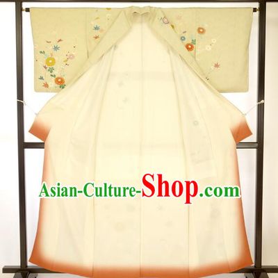 Asian Japan Palace Yellow Kimono Ancient Yukata Dress Formal Costume Furisode Kimonos for Women