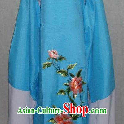 China Beijing Opera Lang Scholar Niche Costume Blue Embroidered Peony Robe for Adults
