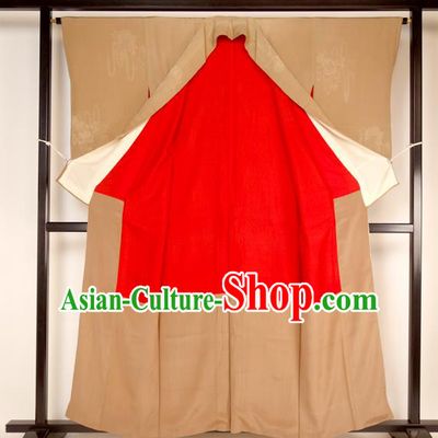 Asian Japan Palace Khaki Kimono Ancient Yukata Dress Formal Costume Furisode Kimonos for Women