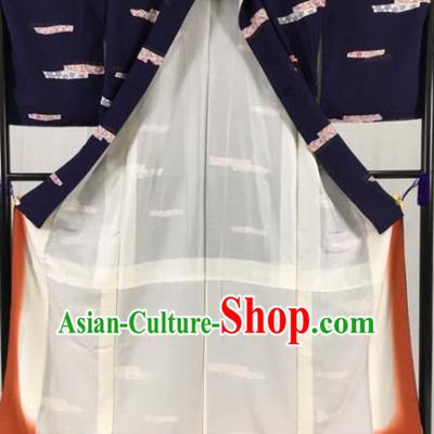 Japan Traditional Navy Kimono Formal Costume Palace Furisode Kimonos Ancient Yukata Dress for Women