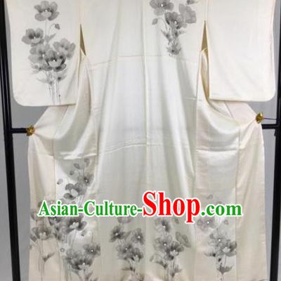Japan Traditional White Silk Kimono Formal Costume Palace Furisode Kimonos Ancient Yukata Dress for Women