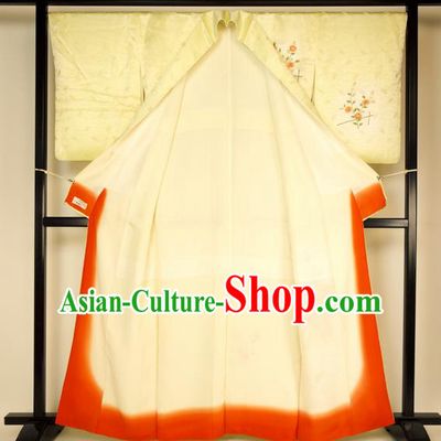 Asian Japan Palace Wedding Yellow Furisode Kimono Ancient Pink Yukata Dress Formal Costume for Women