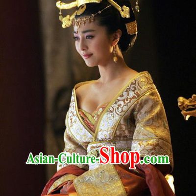 Ancient Chinese Tang Dynasty Imperial Concubine Yang Embroidered Replica Costume and Headpiece Complete Set for Women