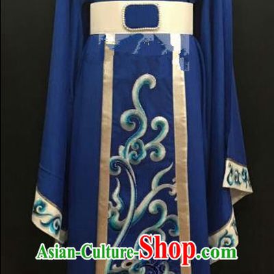 Top Grade Chinese Beijing Opera Young Men Blue Robe Peking Opera Niche Costume for Adults