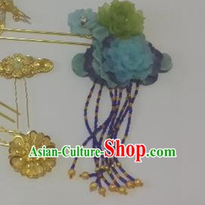 Chinese Ancient Hair Accessories Bride Blue Flowers Tassel Hairpins Headwear for Women