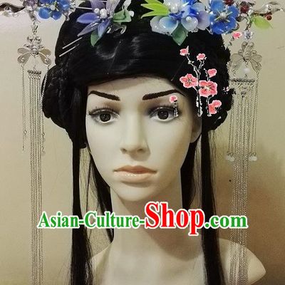 Chinese Ancient Palace Lady Hair Accessories Blue Flowers Hairpins Tassel Step Shake Complete Set for Women