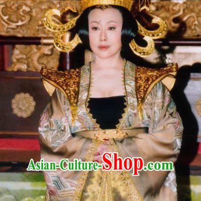 Ancient Chinese Tang Dynasty Empress Wu Zetian Embroidered Dress Queen Historical Costume and Headpiece Complete Set for Women