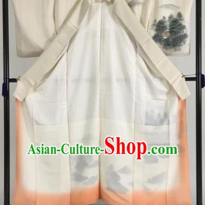 Japan Traditional Kimono White Silk Furisode Kimono Ancient Yukata Dress Formal Costume for Women
