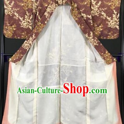 Japan Traditional Kimonos Brown Furisode Kimono Ancient Yukata Dress Formal Costume for Women
