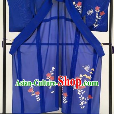 Japan Traditional Kimonos Blue Furisode Kimono Ancient Yukata Dress Formal Costume for Women