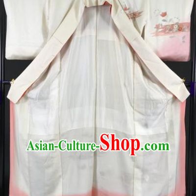 Japan Traditional Kimonos Beige Silk Furisode Kimono Ancient Yukata Dress Formal Costume for Women