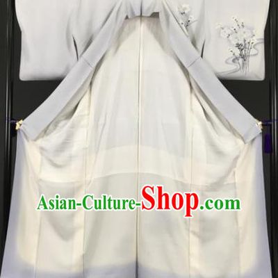 Japan Traditional Kimonos Grey Silk Furisode Kimono Ancient Yukata Dress Formal Costume for Women