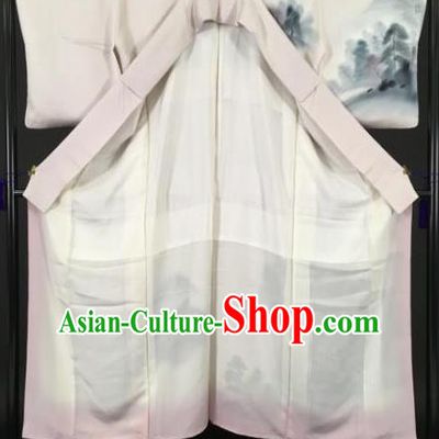 Japan Traditional Kimonos Ink Painting Pink Furisode Kimono Ancient Yukata Dress Formal Costume for Women