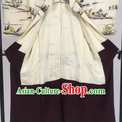 Japanese Ancient Male Printing Orchid Kimono Costume Traditional Wafuku Hakama Yukata Robe for Men