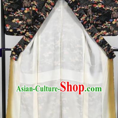 Japan Traditional Kimonos Printing Black Furisode Kimono Ancient Yukata Dress Formal Costume for Women