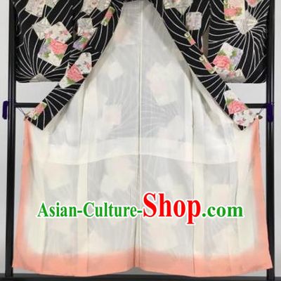 Japan Traditional Kimonos Printing Peony Black Furisode Kimono Ancient Yukata Dress Formal Costume for Women