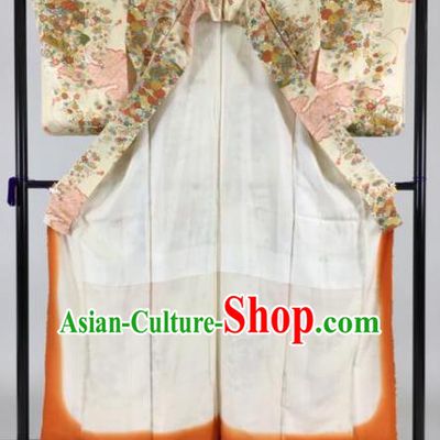 Japan Traditional Beige Kimonos Palace Furisode Kimono Ancient Yukata Dress Formal Costume for Women