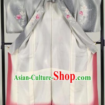 Japan Traditional Grey Silk Kimono Furisode Kimono Ancient Yukata Dress Formal Costume for Women