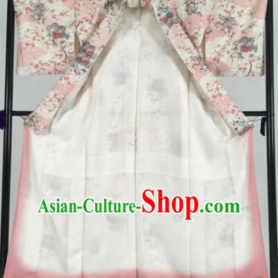 Japan Traditional Kimonos Printing Flowers Pink Palace Furisode Kimono Ancient Yukata Dress Formal Costume for Women