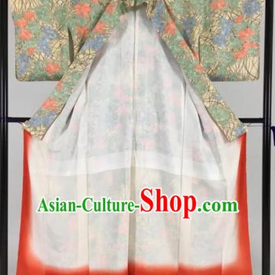 Japan Traditional Kimonos Palace Furisode Kimono Ancient Green Yukata Dress Formal Costume for Women