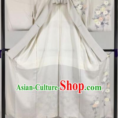 Japan Traditional Kimonos Palace Furisode Kimono Ancient Printing Grey Yukata Dress Formal Costume for Women