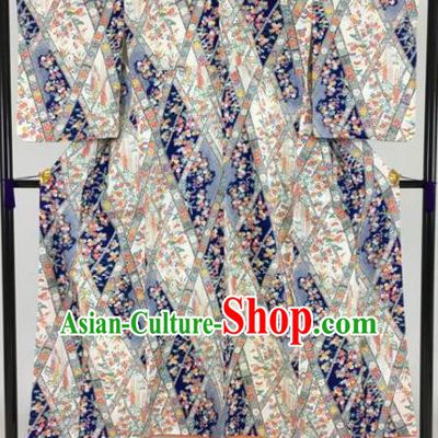 Japan Traditional Kimonos Palace Blue Furisode Kimono Ancient Geisha Yukata Dress Formal Costume for Women