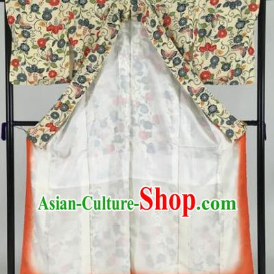 Japan Traditional Kimonos Geisha Printing Yellow Furisode Kimono Ancient Yukata Dress Formal Costume for Women