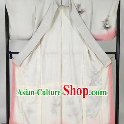 Japan Traditional Kimonos Geisha Printing Flowers Grey Furisode Kimono Ancient Yukata Dress Formal Costume for Women