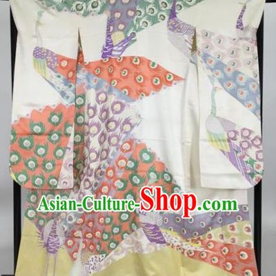 Japan Traditional Kimonos Printing Peacock Furisode Kimono Ancient Yukata Dress Formal Costume for Women