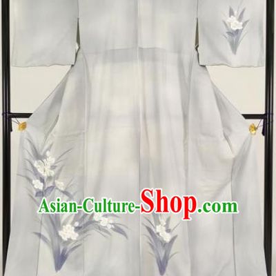 Japan Traditional Kimonos Printing Orchid Furisode Kimono Ancient Yukata Dress Formal Costume for Women
