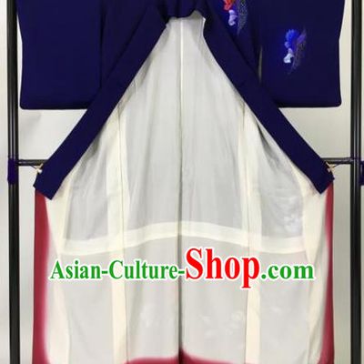Japan Traditional Kimonos Royalblue Furisode Kimono Ancient Yukata Dress Formal Costume for Women