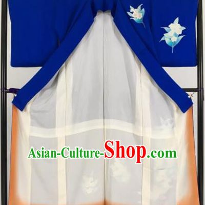 Japan Traditional Deep Blue Kimonos Furisode Kimono Ancient Yukata Dress Formal Costume for Women