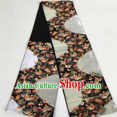 Japanese Traditional Kimono Yukata Dress Embroidered Black Belts Courtesan Brocade Waistband for Women